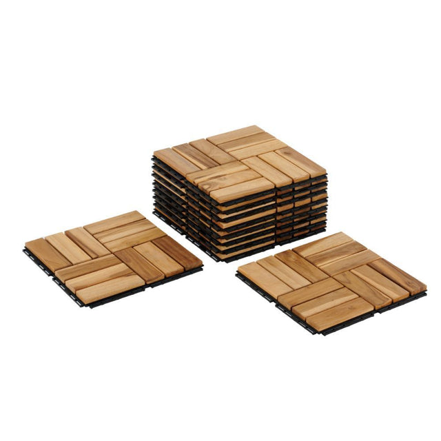12" x 12" Square Teak Wood Interlocking Flooring Tiles Checker Pattern Pack of 10 Tiles