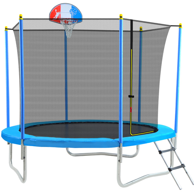 8FT Trampoline for Kids with Safety Enclosure Net, Basketball Hoop and Ladder, Easy Assembly Round Outdoor Recreational Trampoline
