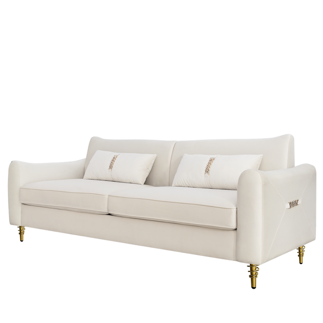 80.3" Modern Sofa Couch Upholstered Sofa Tufted Back Comfy Velvet Long Couch with 2 Pillows and Golden Legs for Living Room, Bedroom, Office, Apartment, Beige