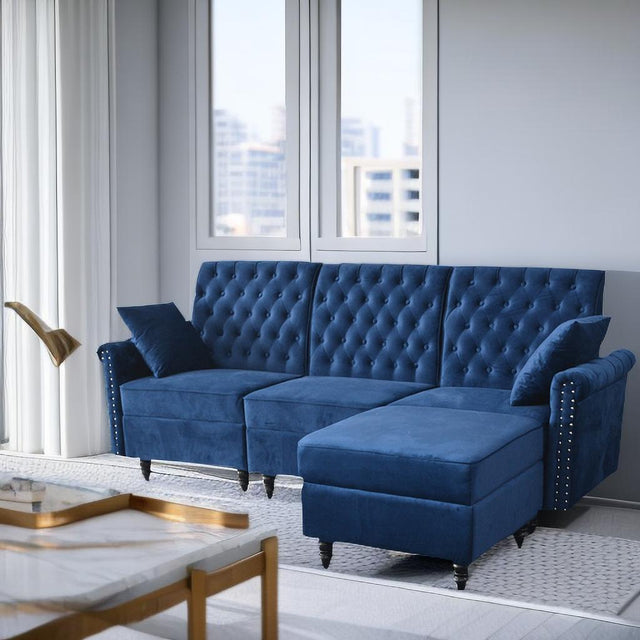 Redde Boo Blue Velvet Soft K/D Sofa And Stool With Storage, High Quality Classic Free Living  Room Sectional Fabirc Sofa