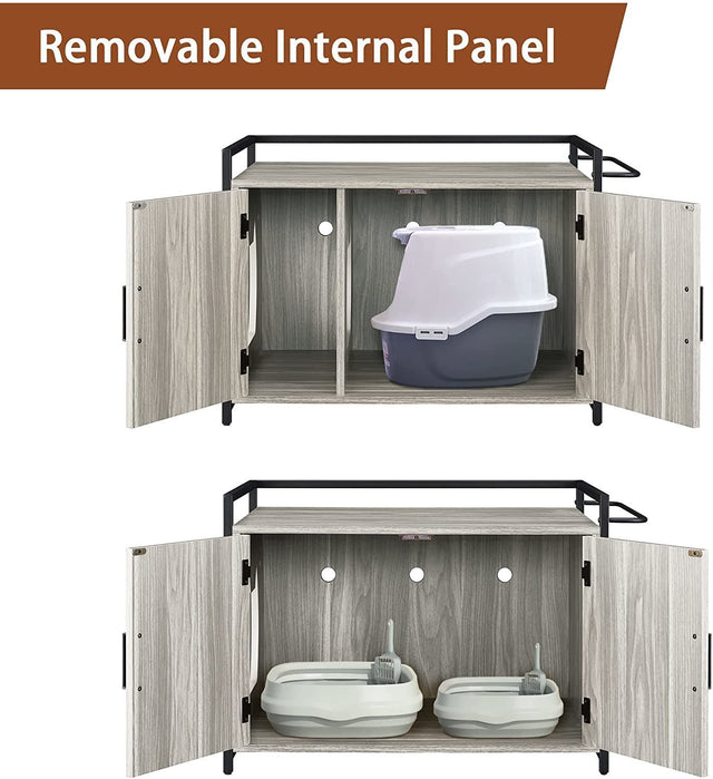 Hidden Cat Litter Box Furniture with Ventilation and Bench Seat, Pet Crate with Iron and Wood Sturdy Structure