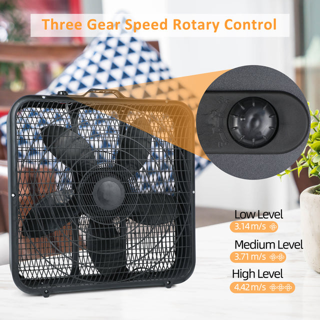 InfiniPower 20” Box Fan, 3-Speed Cooling Table Fan with Aerodynamic Shaped Fan Blades, Convenient Carry Handle and Safety Grills, For Home Office Color: Black