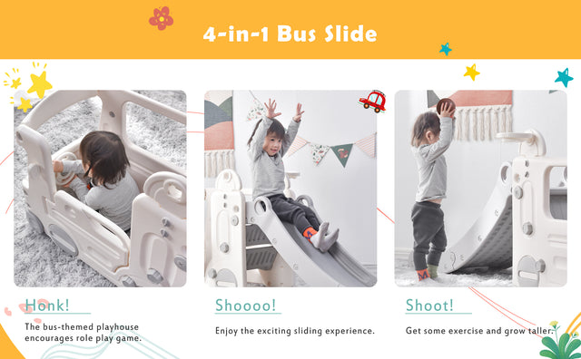 Kids Slide with Bus Play Structure Climber, Freestanding Bus Climber with Slide for Toddlers, Bus Climber Slide Set with Basketball Hoop