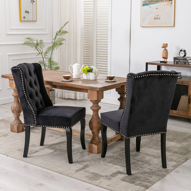 A&A Furniture,Wingback Dining Chair,Traditional Tufted Upholstered America Luxury Chairs, Country Cottage Farm Beach Dining Kitchen Vintage Style Side Chair, Velvet Fabric Wood, Set of 2,Black