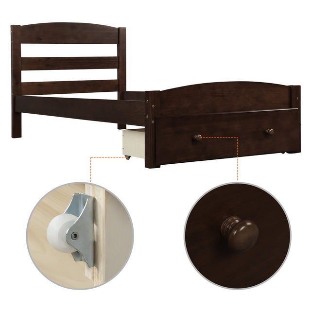 Platform Twin Bed Frame with Storage Drawer and Wood Slat Support No Box Spring Needed, Espresso