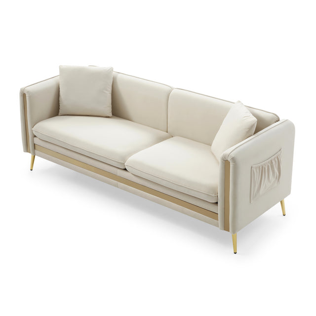 77.2” Modern Upholstered Velvet Sofa 3 Seater Couch with Removable Cushions Side Pocket Mid-Century Tufted Living Room Set Gold Metal Legs,2 Pillows Included,Beige