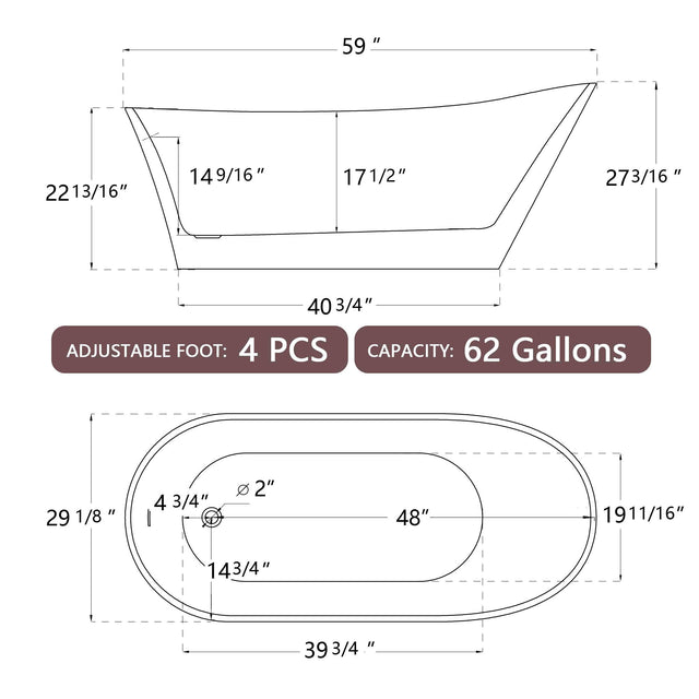 59" Acrylic Free Standing Tub - Classic Oval Shape Soaking Tub, Adjustable Freestanding Bathtub with Integrated Slotted Overflow and Chrome Pop-up Drain Anti-clogging Gloss White