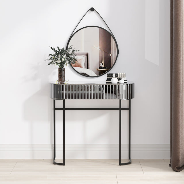 Mirrored Vanity Table, Mirrored Dressing Table, Iron Frame Desk for Bedroom Studio Office(Gray Striped Mirrored)