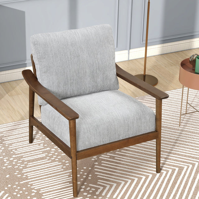 【EAT 3.17】Mid Century Modern Chair with Solid Wood Frame,Arm Chair with Vertical Slatted Back,Thick Pad Upholstered Accent Chair for Living Room, Brown
