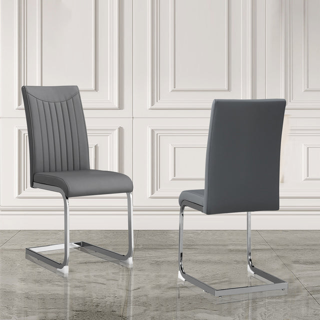 Modern Dining Plating leg Dining chair Chair, PU Leather High Back Cushion Side Chair with Vertical stripe backrest pattern for Dining Room Kitchen Vanity Patio Office Chair (Set of 2) (Grey+PU)