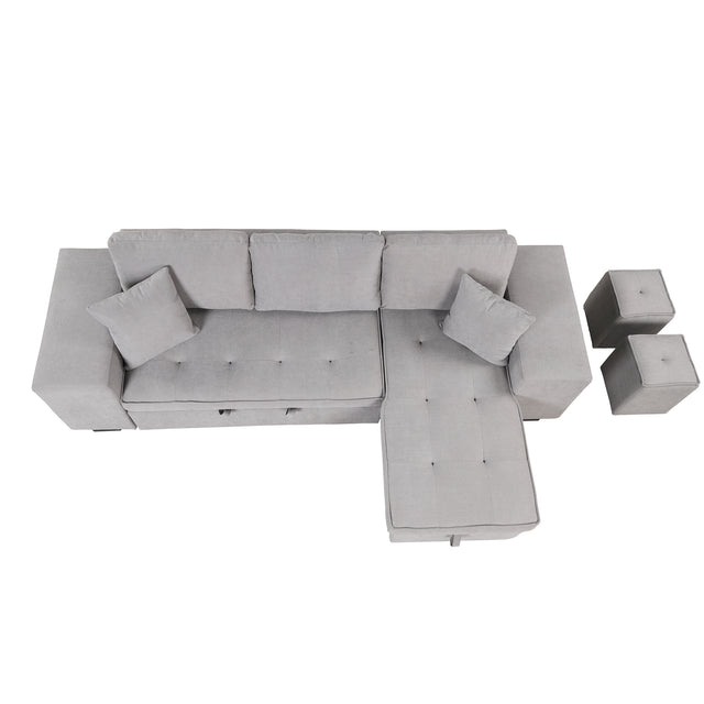 104" Pull Out Sleeper Sofa Reversible L-Shape 3 Seat Sectional Couch with Storage Chaise and 2 Stools for Living Room Furniture Set,Gray