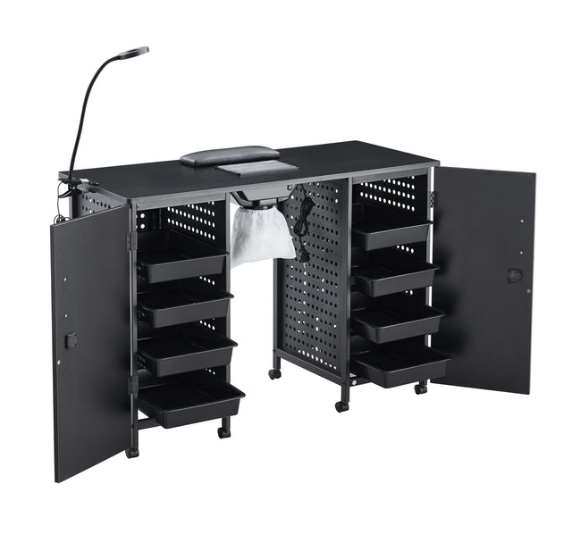 Manicure Table Nail Desk iron single Cabinet, Beauty Spa Salon Workstation w/ Wrist Rest, Lockable Cabinets,LED Lamp,Electric Downdraft Vent, 2 Cabinets, BLACK, 1SETS PER CTN