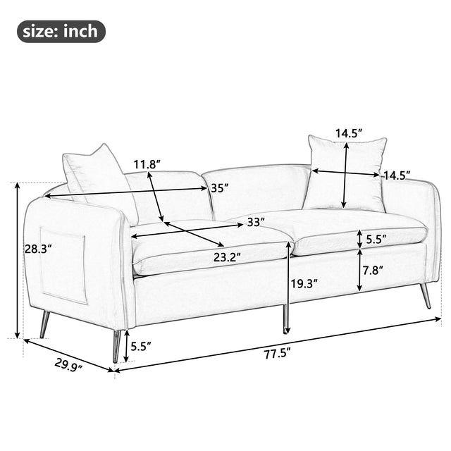 77.5" Velvet Upholstered Sofa with Armrest Pockets,3-Seat Couch with 2 Pillows and Golden Metal Legs for Living Room,Apartment,Home Office,Gray