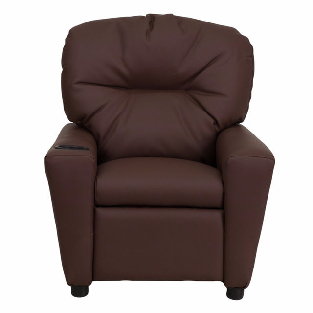 Contemporary Brown Leather Kids Recliner with Cup Holder