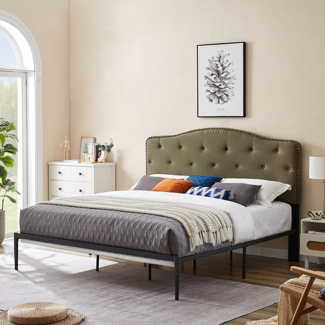 B113 King bed, Beautiful headboard with buttons Strong iron frame with high temperature paint