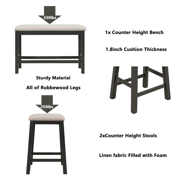 TOPMAX Rustic Wood 4-Piece Counter Height Dining Table Set with Storage Shelves and Drawer, Kitchen Table Set with 2 Stools and Bench, Gray