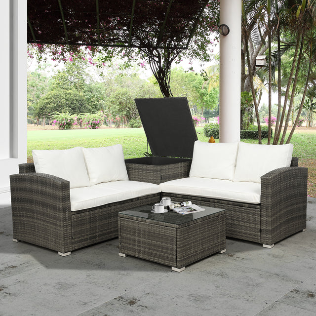 TOPMAX 4 PCS Outdoor Cushioned PE Rattan Wicker Sectional Sofa Set Garden Patio Furniture Set (Beige Cushion)