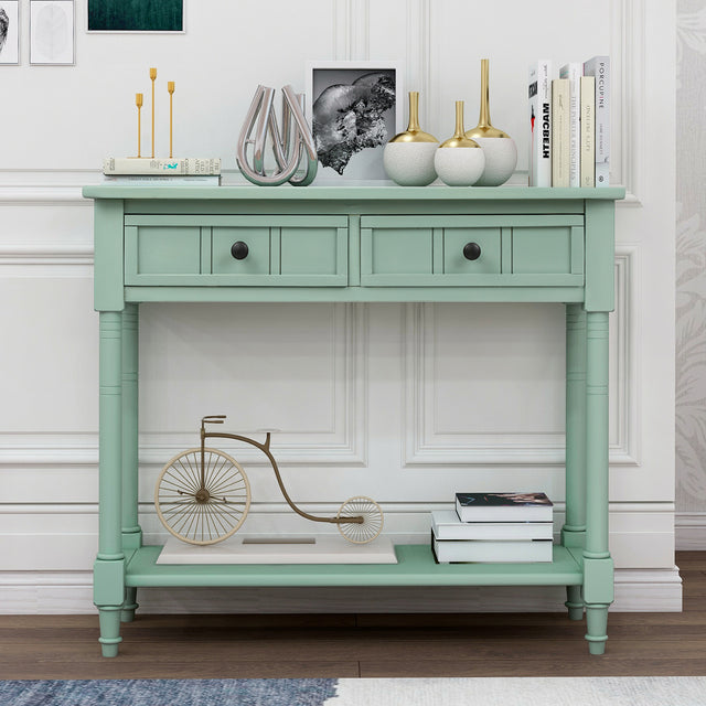 TREXM Daisy Series Console Table Traditional Design with Two Drawers and Bottom Shelf Acacia Mangium (Retro blue)