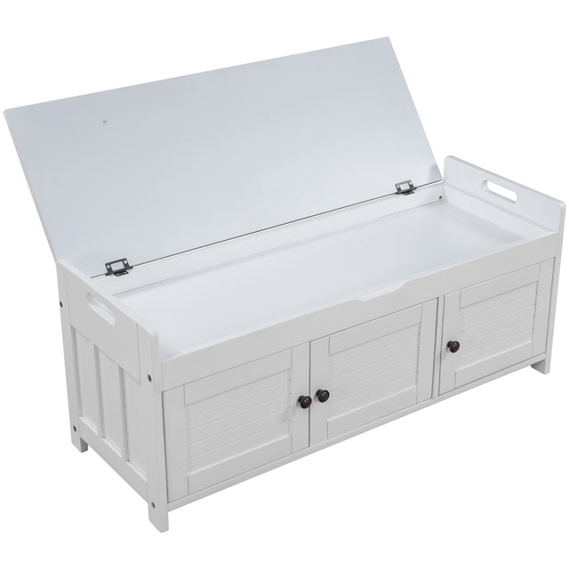 TREXM Storage Bench with 3 Shutter-shaped Doors, Shoe Bench with Removable Cushion and Hidden Storage Space (White)