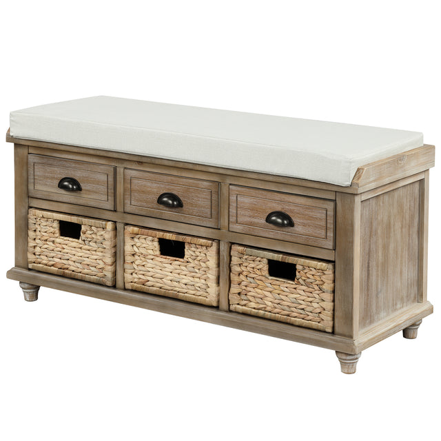 TREXM Rustic Storage Bench with 3 Drawers and 3 Rattan Baskets, Shoe Bench for Living Room, Entryway (White Washed)
