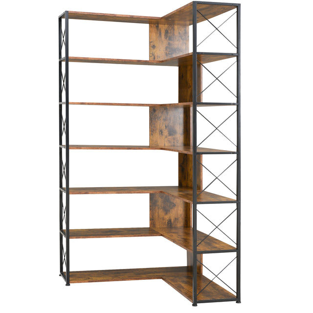 7-Tier Bookcase Home Office Bookshelf, L-Shaped Corner Bookcase with Metal Frame, Industrial Style Shelf with Open Storage, MDF Board