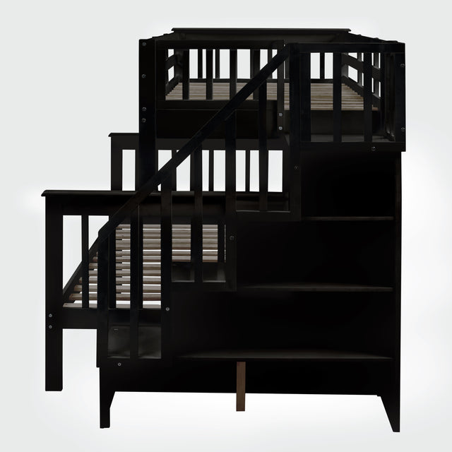 Stairway Twin-Over-Full Bunk Bed with Twin size Trundle, Storage and Guard Rail for Bedroom, Dorm, for Adults, Espresso (OLD SKU :LP000119AAP)