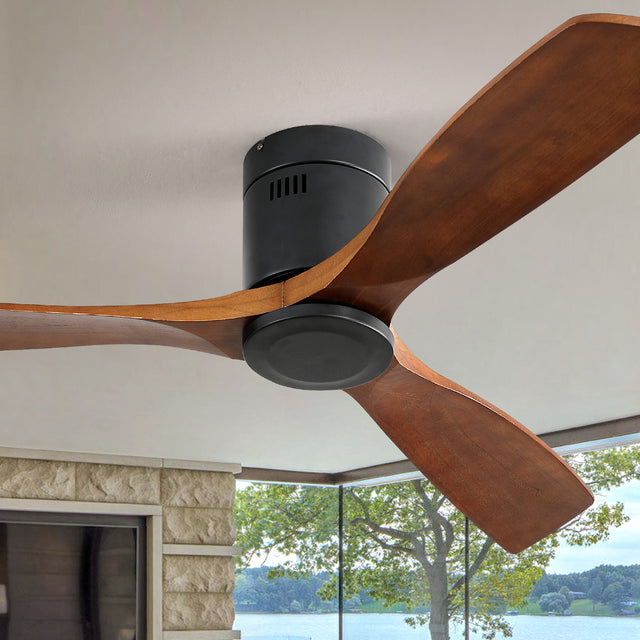 Low Profile Ceiling Fan DC 3 Carved Wood Fan Blade Noiseless Reversible Motor Remote Control Without Light
