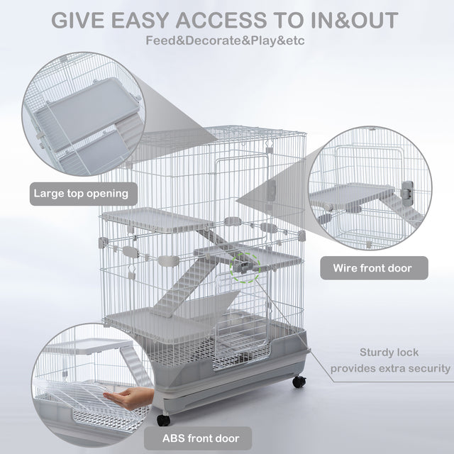 4-Tier 32"Small Animal Metal Cage Height Adjustable with Lockable Casters Grilles Pull-out Tray for Rabbit Chinchilla Ferret Bunny Guinea Pig Squirrel Hedgehog(GREY)(=OLD SKU:W69133215)