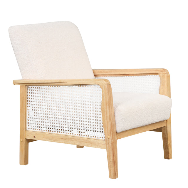 【EAT 3.10】Mid-Century Armchair Rattan Mesh Upholstered Accent Chair,Teddy Short Plush Particle Velvet Armchair for Living Room,Bedroom, Office, Studio,White