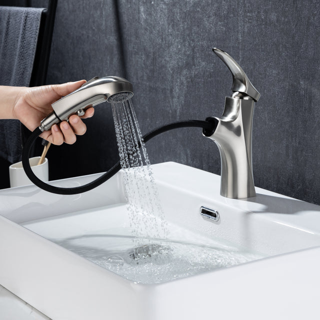 Pull Out Bathroom Faucet, Single Hole Bathroom Sink Faucet with 3 Modes Pull Down Sprayer, One Handle Modern Vanity Faucet, Farmhouse Lavatory Faucet