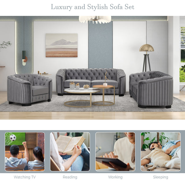 Modern 3-Piece Sofa Sets with Rubber Wood Legs,Velvet Upholstered Couches Sets Including Three Seat Sofa, Loveseat and Single Chair for Living Room Furniture Set,Gray