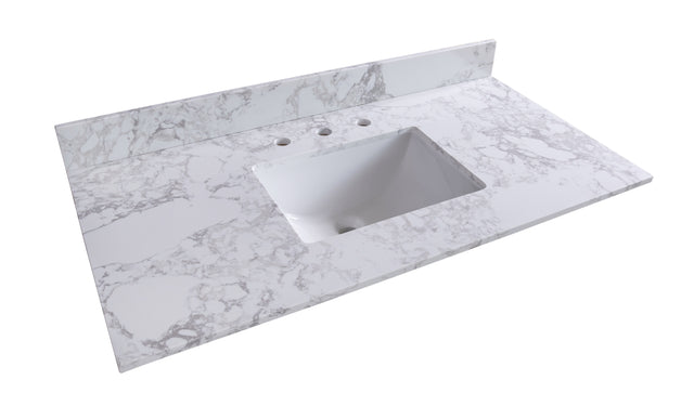Montary 43‘’x22" bathroom stone vanity top engineered stone carrara white marble color with rectangle undermount ceramic sink and 3 faucet hole with back splash .