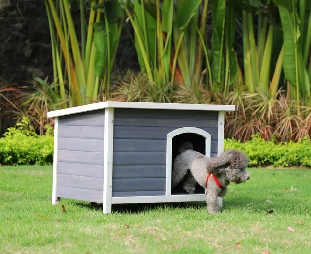 Outdoor Wooden Dog House with Hinges,Raised Feet,Openable Asphalt Roof&Removable Floor