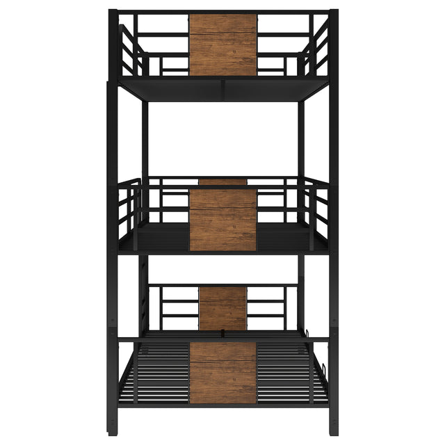 Twin Size Triple Metal Bunk Bed, with Wood Decoration Headboard and Footboard, Brown