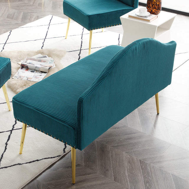 46.5" Width Modern Upholstered Pleated Velvet Loveseat Sofa Tufted Dining Bench Office Loveseat Couch Armless Mid-Century Settee Luxury 2 Seater Sofa with Golden Legs for Living Room Bedroom,Teal
