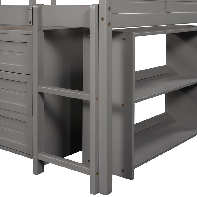 Low Twin Size Loft Bed with Cabinets, Shelves and Slide - Gray(OLD SKU :LP000503AAE)