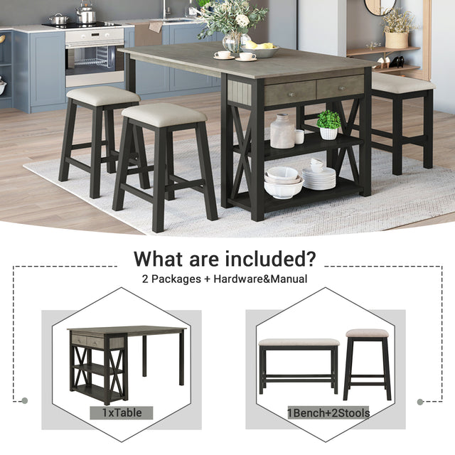 TOPMAX Rustic Wood 4-Piece Counter Height Dining Table Set with Storage Shelves and Drawer, Kitchen Table Set with 2 Stools and Bench, Gray