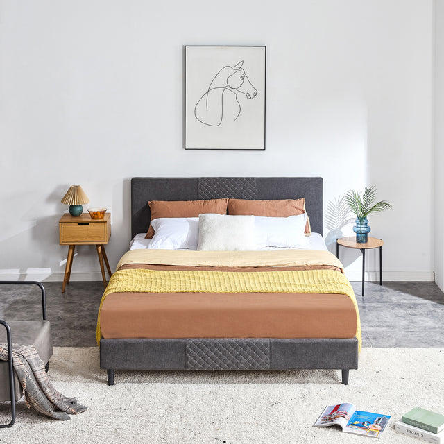 Queen Size Velvet Upholstered Tufted Platform Bed Frame / Mattress Foundation / Wood Slat Support / No Box Spring Needed / Easy Assembly, Queen, Platform Bed Only, Dark Grey