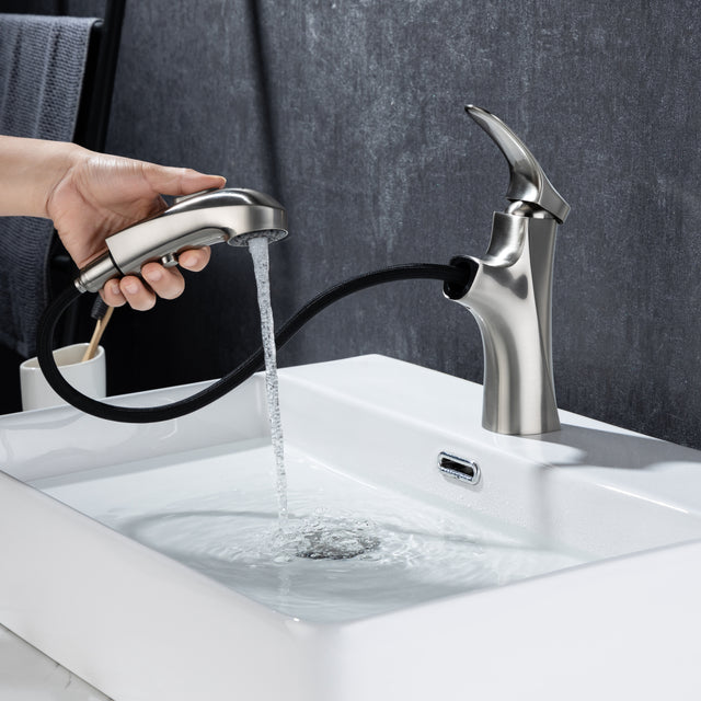 Pull Out Bathroom Faucet, Single Hole Bathroom Sink Faucet with 3 Modes Pull Down Sprayer, One Handle Modern Vanity Faucet, Farmhouse Lavatory Faucet