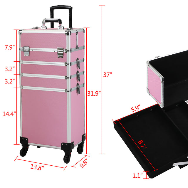 4-in-1 Makeup Travel Case with 360° Rolling Wheels, Locks, Keys and Adjustable Dividers, Pink
