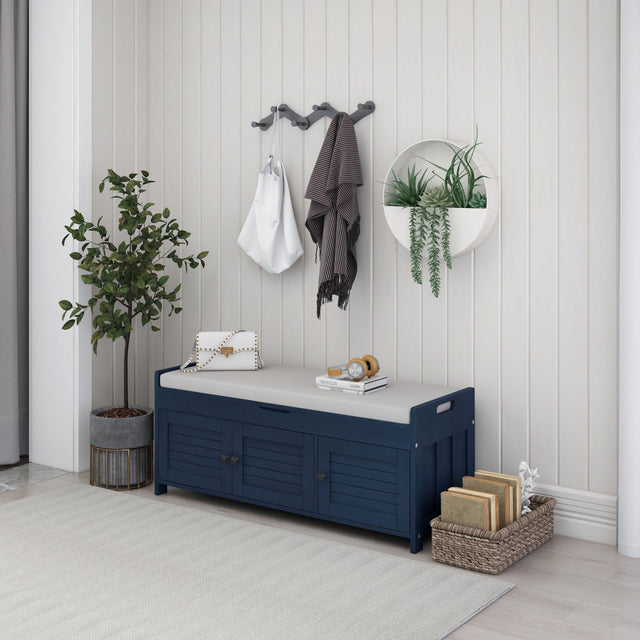 TREXM Storage Bench with 3 Shutter-shaped Doors, Shoe Bench with Removable Cushion and Hidden Storage Space (Antique Navy)