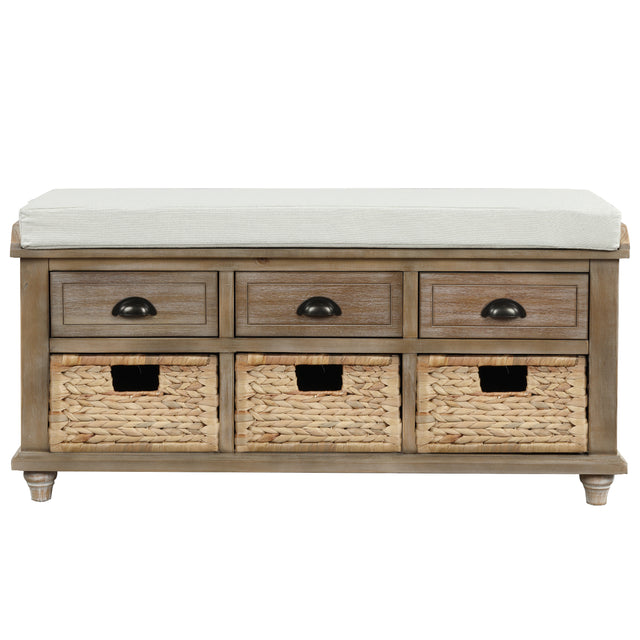 TREXM Rustic Storage Bench with 3 Drawers and 3 Rattan Baskets, Shoe Bench for Living Room, Entryway (White Washed)