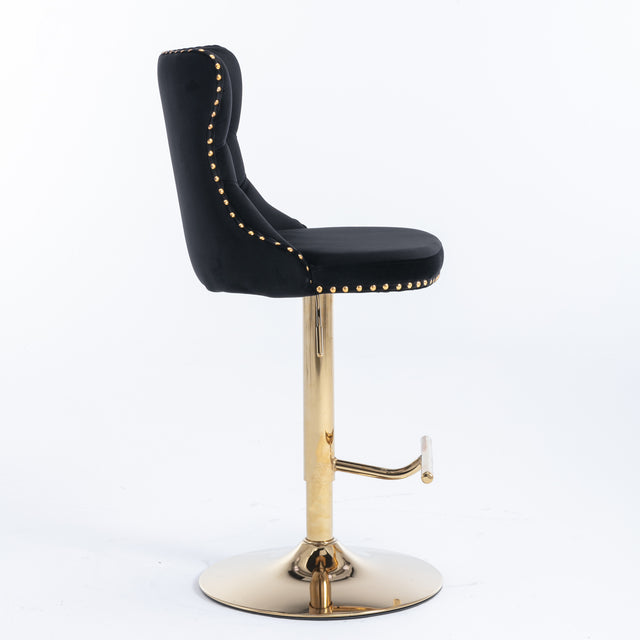 A&A Furniture,Golden Swivel Velvet Barstools Adjusatble Seat Height from 25-33 Inch, Modern Upholstered Bar Stools with Backs Comfortable Tufted for Home Pub and Kitchen Island(Black,Set of 2)
