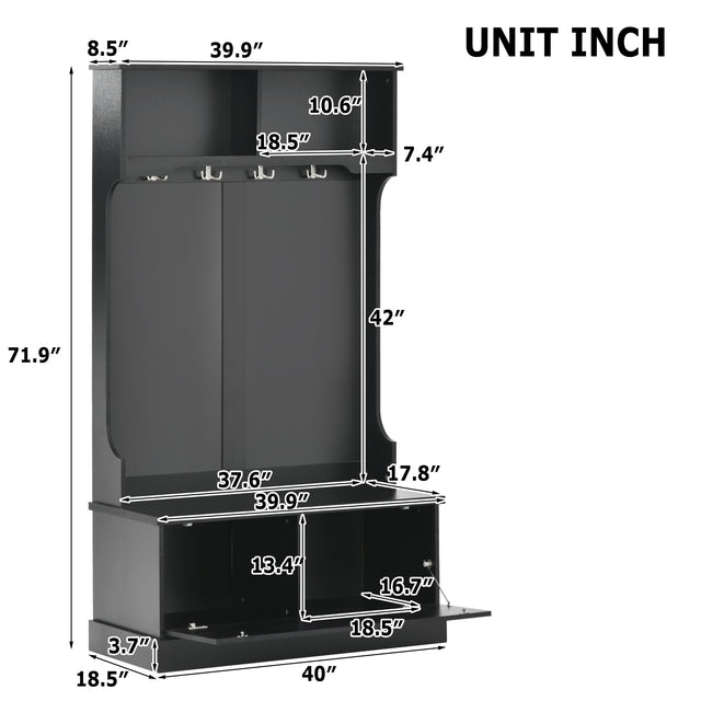 ON-TREND Hall Tree with 4 Hooks, Coat Hanger, Entryway Bench, Storage Bench, 3-in-1 Design, for Livingroom, Hallway (BLACK)