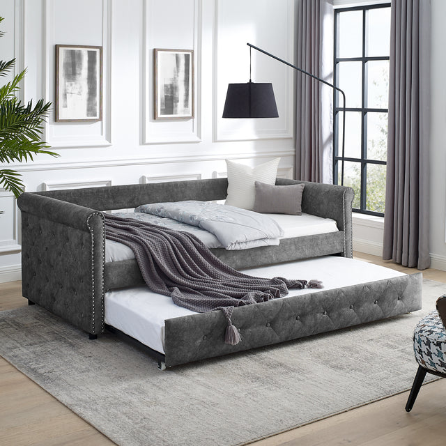 Daybed with Trundle Upholstered Tufted Sofa Bed, with Button and Copper Nail on Arms,both Twin Size, Grey(85.5“x42”x30.5“)