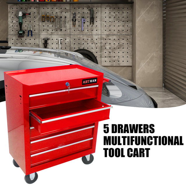 5 DRAWERS MULTIFUNCTIONAL TOOL CART WITH WHEELS-RED