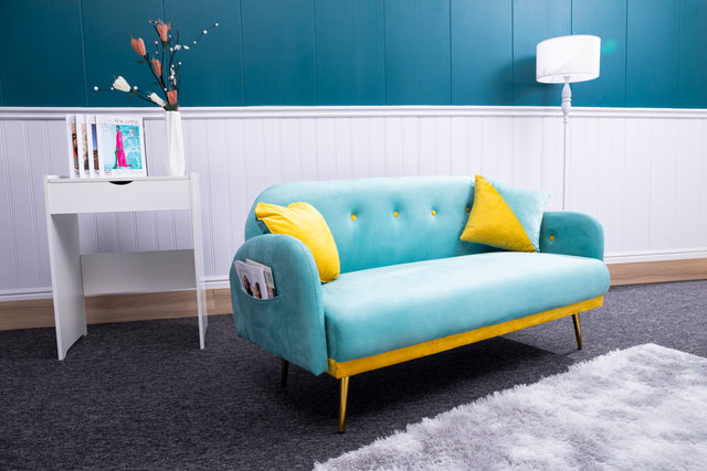 2156 sofa includes 2 pillows 58" blue velvet sofa for small spaces