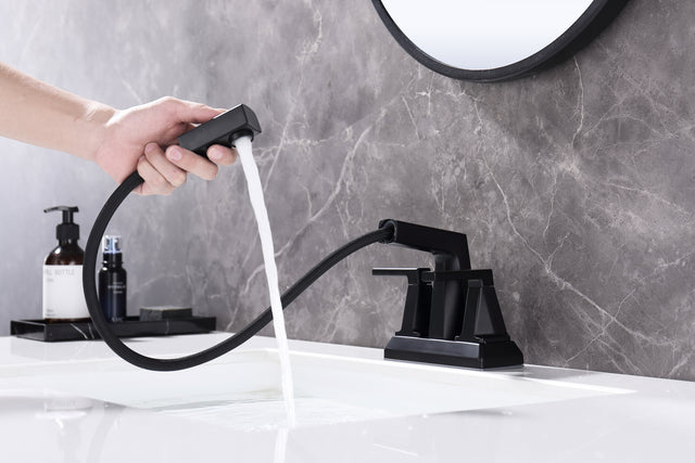 2 Handle Centerset Bathroom Sink Faucet 3 Hole with Pull Out Sprayer, 4 Inch Lavatory Faucet, Modern Vanity Faucet, Mixer Tap for Hot and Cold Water