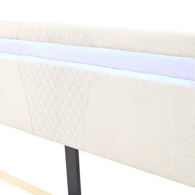 King Size Bed Frame, Modern Upholstered Platform Bed Frame with LED Lights and Height Adjustable Headboard, No Box Spring Needed/Easy Assembly/Pack in 1-Box/Noise-Free (Off white, King)