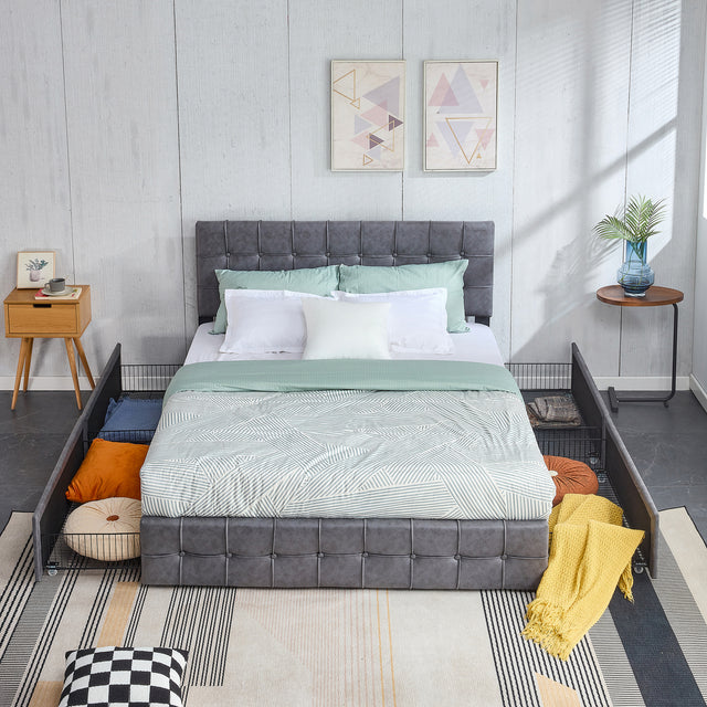 Hot Sale Queen Size Dark Grey Tech cloth Button Embedded Adjustable Headboard Height Upholstered Platform Bed Frame with Storage Drawers